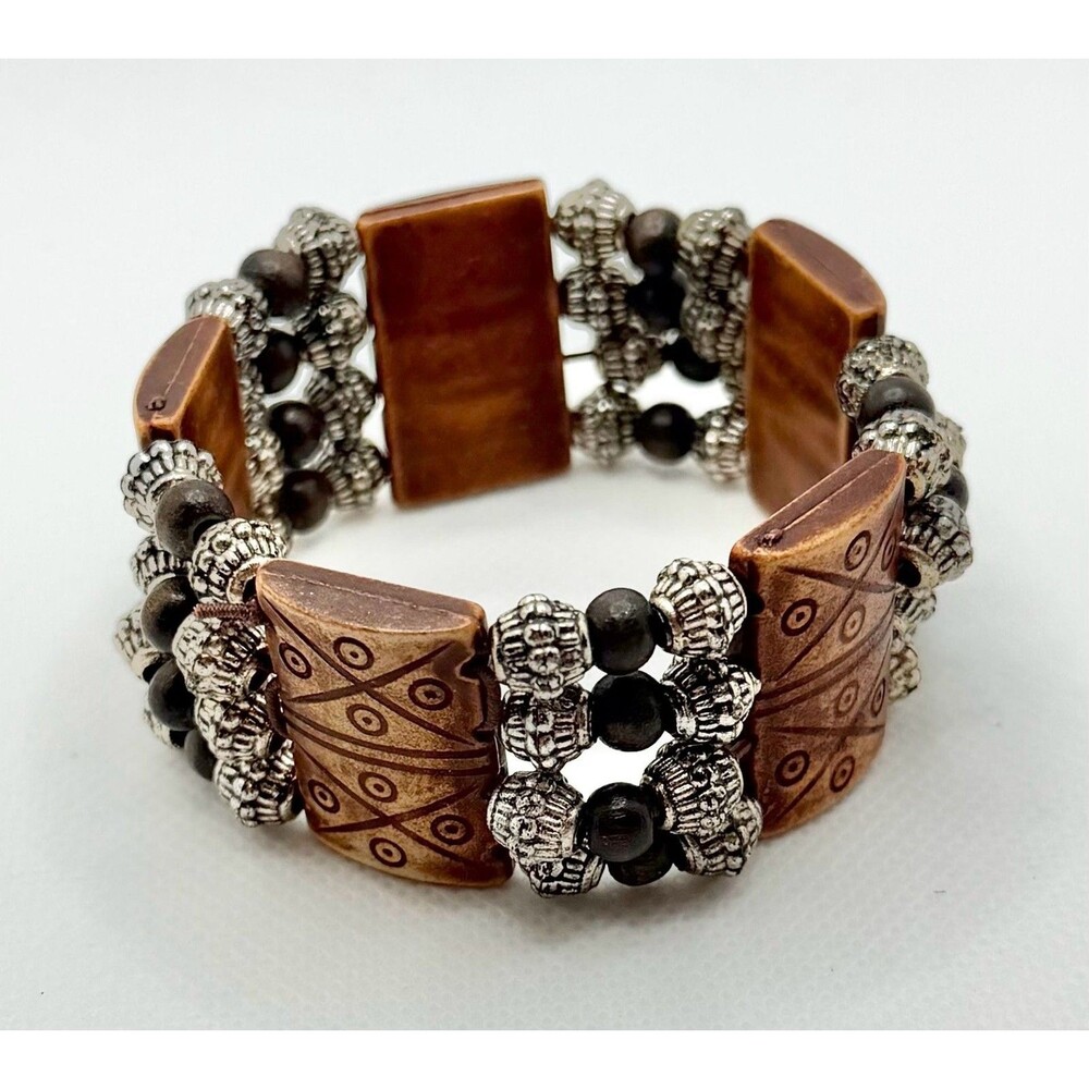 Boho Tribal Pattern Wooden Beaded Stretch Bracelet  Etched Rectangular Panels